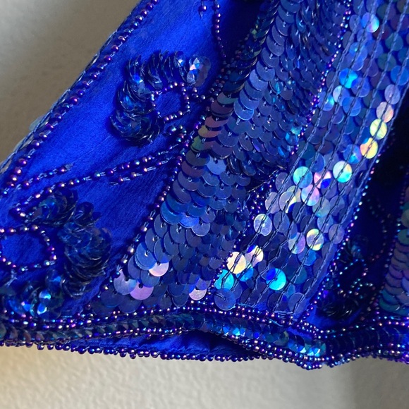 Vintage 80s 90s Tribout Silk Sequin Beaded Royal Blue Glam Event Party Top sz L - Picture 9 of 16